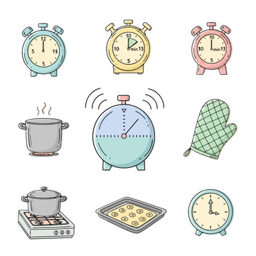 Kitchen timer collection with cooking utensils and stoves.