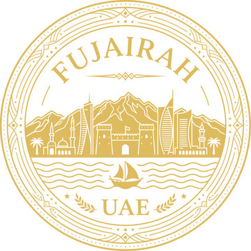 Fujairah city landmark emblem with mountains and traditional dhow vector