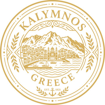 Kalymnos Greece vintage travel emblem with Mediterranean island landscape vector