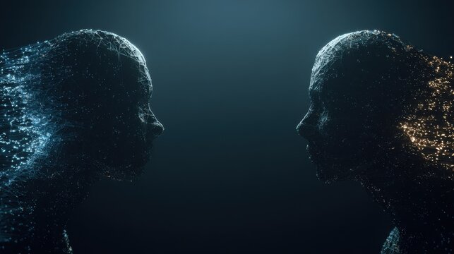 Futuristic digital avatars facing each other in dark virtual space. Concept of AI identity, cyber communication, biometric security and digital twin technology