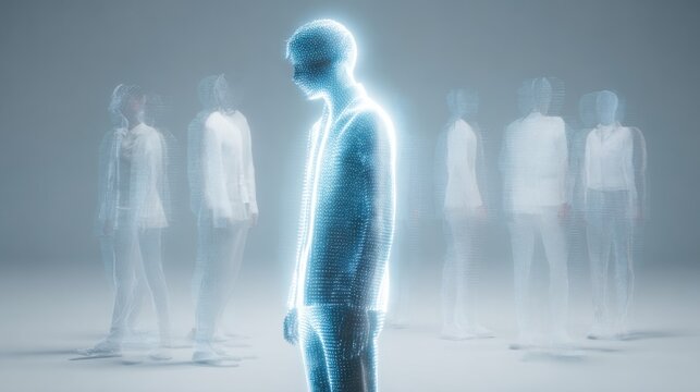 Glowing digital figure surrounded by several semi-transparent digital twin copies in different positions, slight motion shift. Concept of virtual identity, AI individuality, online alienation