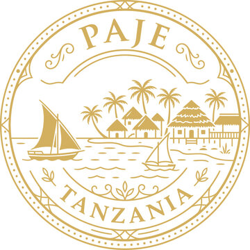 Paje Tanzania gold emblem with tropical beach and dhow boats