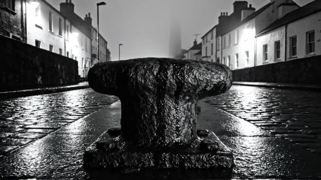 Low angle shot of a weathered bollard on a cobblestone street in a foggy town at night