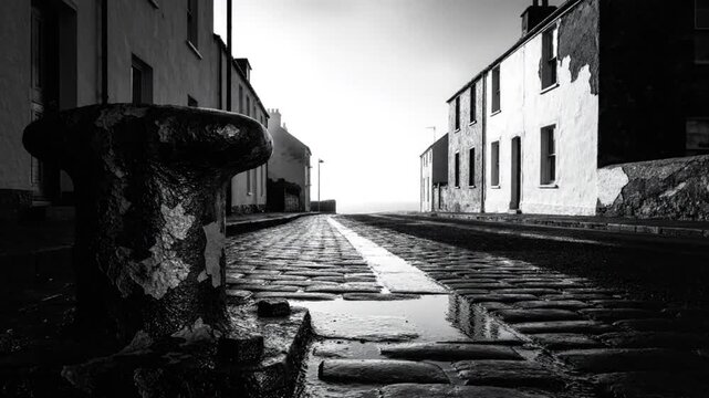 Black and white shot of a weathered bollard on a cobblestone road, leading to the sea, captured in a quiet coastal town