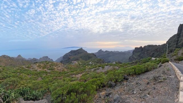 Evening panoramic view of Masca Valley from Mirador de Cherfe, Tenerife, Canary Islands, scenic mountain landscape and ocean horizon, shot on 360 camera 