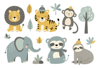 Fototapeta premium set of cartoon Cute jungle animals playing happily among tropical leaves and colorful little flowers