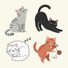 Naklejka premium Scandinavian inspired kitten illustrations featuring minimalistic colors and whimsical artistic details
