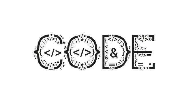 Creative Code Word Typography with Symbols and Brackets on White Background