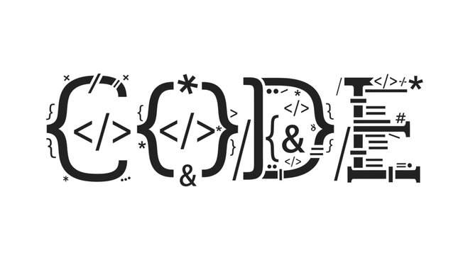 CODE word made from programming symbols, brackets, and code tags