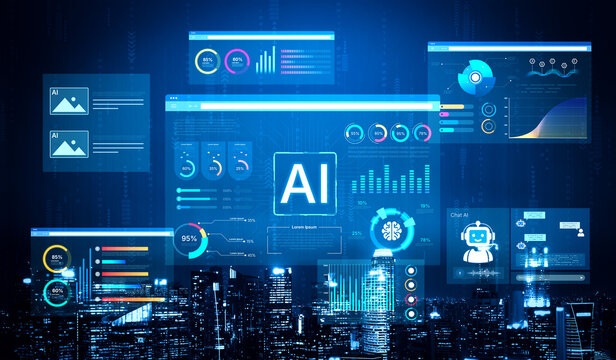AI business intelligence interface featuring real-time AI data visualization, predictive AI model graphs, and automated report tools driven by AI artificial intelligence for business solution. Corpus