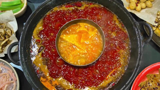 Traditional sichuan hot pot with spicy and mild broths
