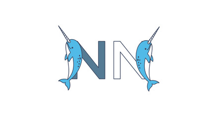 Two Blue Narwhals Forming NN Logo Symbol on White Background © Alis