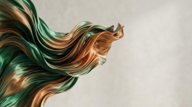 Flowing emerald and bronze silk fabric with elegant waves and soft background