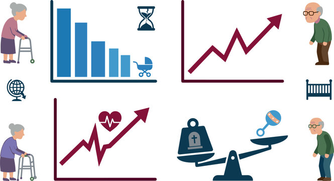 Global Demographic Crisis and Aging Population Stats Vector Infographic Elements