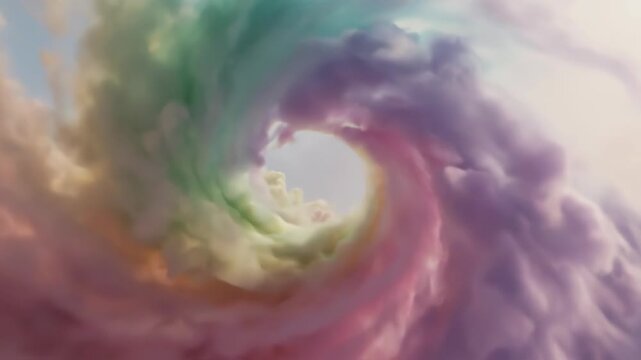 Abstract 3D volumetric cloudscape featuring soft pastel tones of pink, lavender, mint green, and pale yellow blending and swirling together in a dense, atmospheric, dreamlike composition.