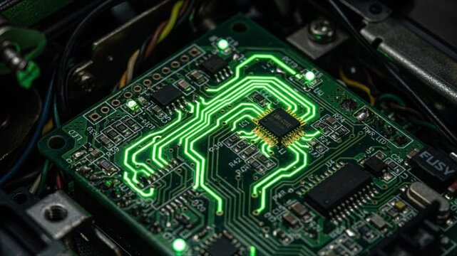 Circuit board glowing with neon green light pulses flowing through intricate electronic traces in a futuristic atmosphere