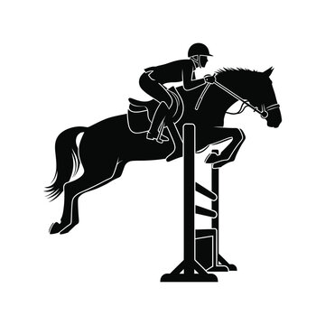 Equestrian horse jumping, rider and horse silhouette in show jumping competition.