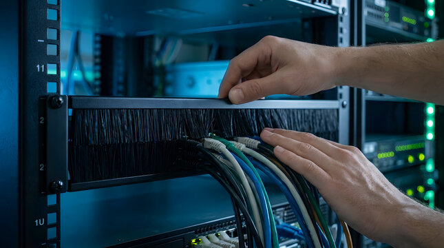 IT technician hands organizing network cables in server room | Professional data center cable management system | Close up of ethernet patch cables in networking rack | Information technology
