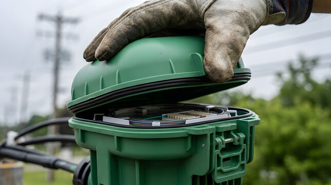Fiber optic technician opening enclosure box | Close-up of gloved hand on telecommunications equipment | Outdoor fiber optic splicing and maintenance | High-speed internet infrastructure repair