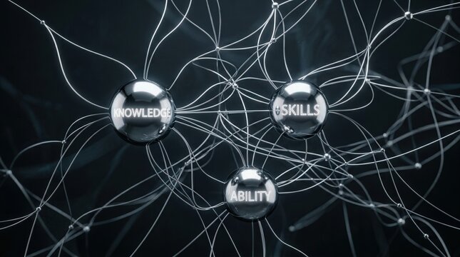 Laboratory inspired black and white neural cluster with filament links connecting various cognitive spheres