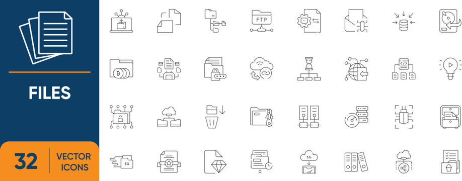 Files Icon Set. Containing File, Folder, Document, Computer, Upload, Archive, JPG, Notes, write and more. Editable vector Line icons collection.
