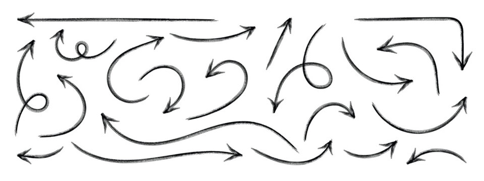 Set of hand drawn arrows with rough brush stroke texture isolated on white.