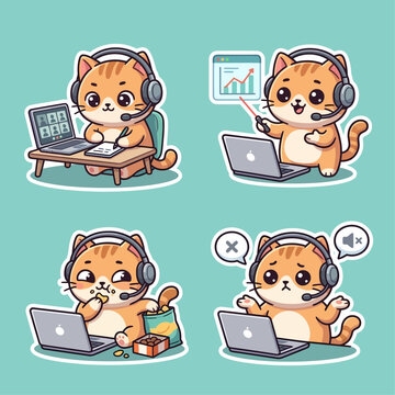 Cute Cat Characters Working on Laptops Engaging in Online Meetings and Experiencing Technical Difficulties.