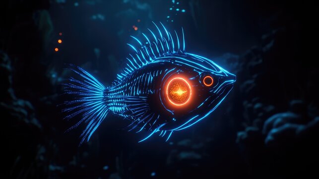 Bioluminescent Deep Sea Fish with Glowing Neon Skeleton and Radiant Eye