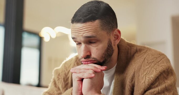 Mental health, overthinking or man in house with regret, anxiety trigger or memory of past trauma. Reflection, stress or person with depression, flashback or overwhelmed with emotional thoughts.