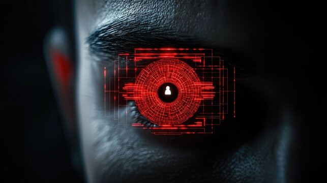 Futuristic Human Eye with Digital Red Biometric Scanner Overlay