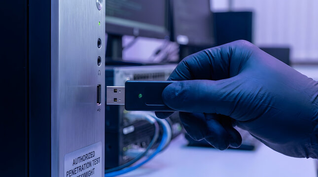 Cyber security penetration test in progress | Gloved hand inserting USB drive into computer | Ethical hacking and network security audit | Data theft prevention and digital forensics