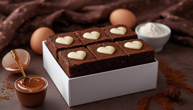 a box of cube fudgy chocolate brownies with love shape white chocolate topping hampers