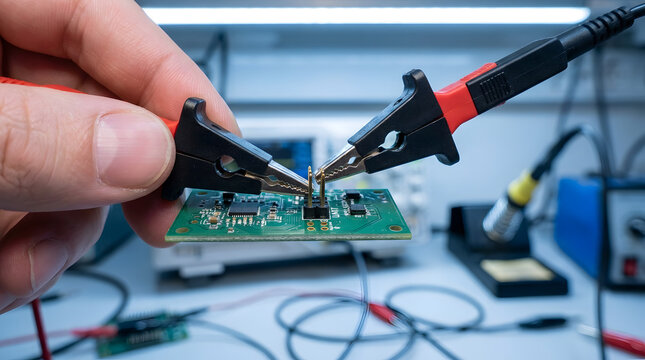 testing electronic circuit board with oscilloscope | engineer measuring voltage on pcb components | electronics repair and diagnostics workshop | hardware prototyping and quality control testing