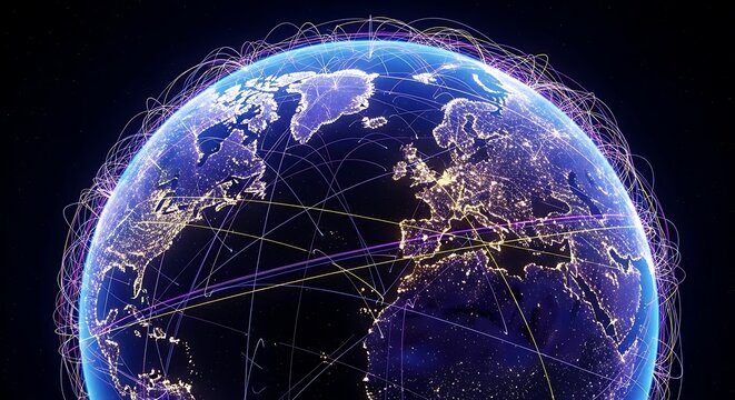 Global connection network showing digital communication links on earth at night