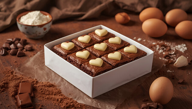 a box of cube fudgy chocolate brownies with love shape white chocolate topping