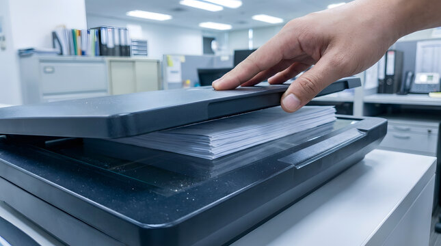 Man scanning documents in corporate office | Hand using office photocopier machine | Digitizing paper documents for archive | Administrative work with scanner and printer