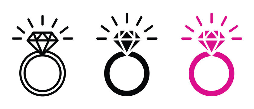 Wedding ring icon, jewelry logo design, engagement diamond ring illustration, marriage proposal symbol, elegant gold jewelry vector graphic isolated, romantic love and commitment concept, premium 