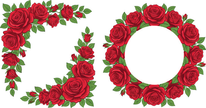 Red rose wreath and corner frame vector illustration borders set isolated on clean plain white backgroundRed rose wreath and corner frame vector illustration borders set isolated on clean plain white 