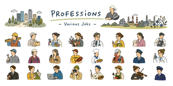 いろいろな職業の人物イラストセット、手描き風ワーカーコレクション／Various professions, Worker collection, Hand drawn people