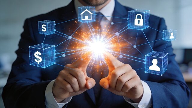 Man touching glowing blockchain network with security lock and financial data cubes, decentralized technology and cybersecurity concept for business