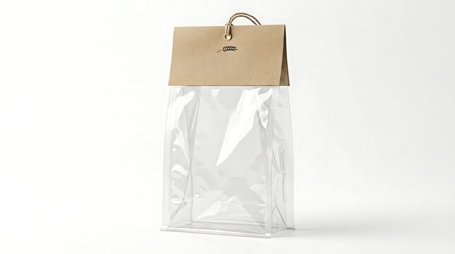 Empty transparent plastic pouch with kraft paper header tied with twine and golden packaging transparent