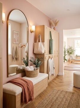 A beautifully designed modern entryway showcasing an elegant arched mirror, functional wooden storage bench, and soft blush pink walls, creating a welcoming and organized home interior