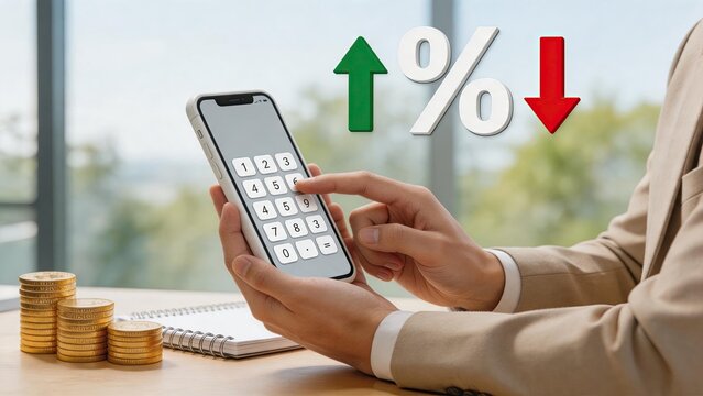 Person calculating interest rates on smartphone with coins stack, financial planning and mortgage rate fluctuation concept for personal economy