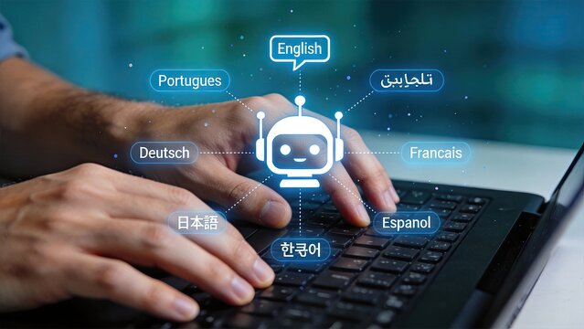 Futuristic robot icon surrounded by speech bubbles with different languages, representing artificial intelligence translation and global communication technology concept