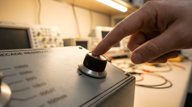 Man operating electronic test equipment | Close-up of decade resistance box dial | Engineer calibrating electrical components | Hand adjusting knob on industrial instrument