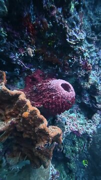 Vibrant marine life and colorful coral reefs in the deep blue sea of Biak Papua.