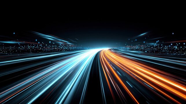 Abstract highway light trails at night with blue and orange streaks creating a sense of speed
