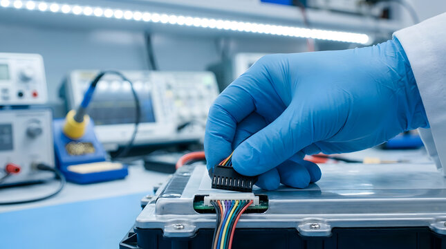 Technician connecting BMS battery management system cable | Electronics engineering lab with oscilloscope and soldering station | Electric vehicle battery pack assembly process | Hardware development 