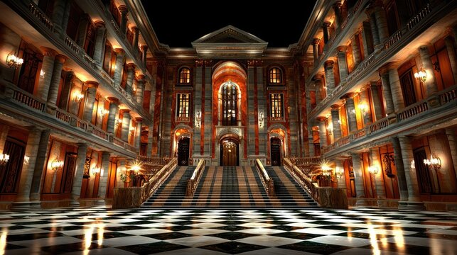 Grand Luxury Mansion Hallway with Marble Staircase and Checkerboard Floor