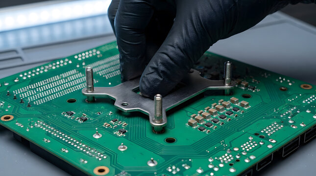 Computer technician installing CPU cooling bracket on motherboard | Professional PC hardware assembly and repair services | Close up of gloved hand mounting electronic components | IT hardware